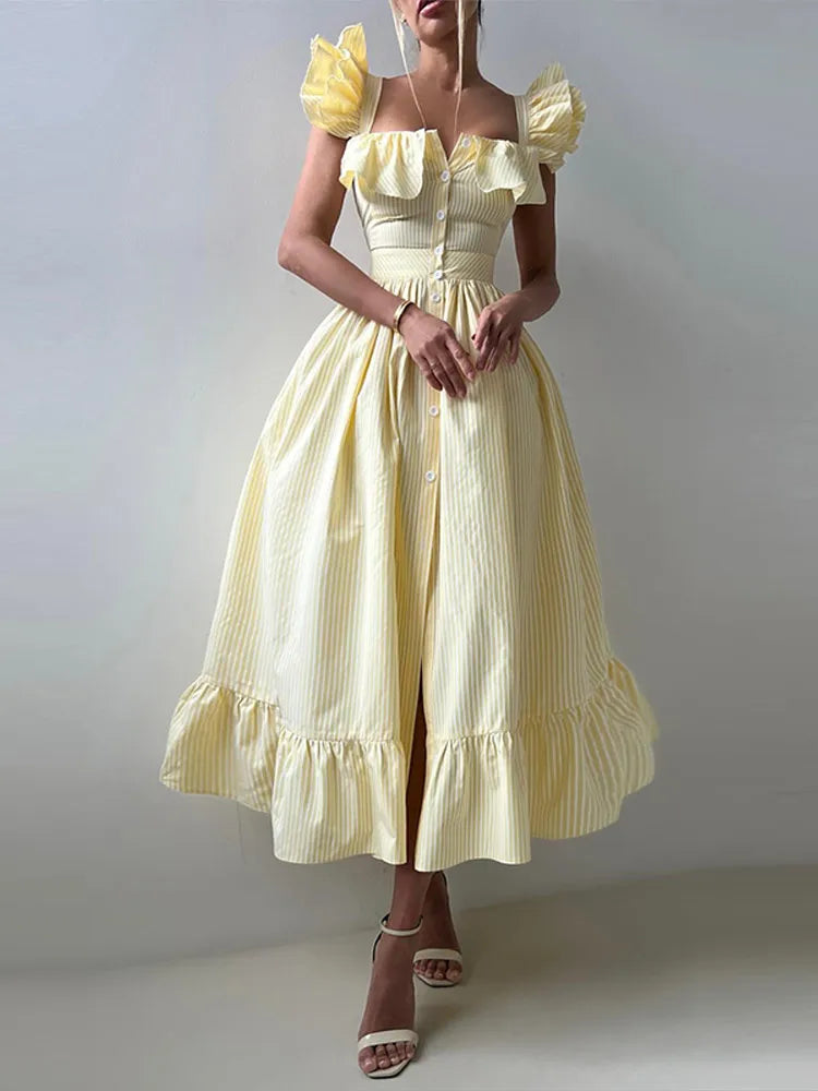 Ruffle Dress Women Fashion Backless A Line Slim Waist Striped Robe Female Flying Sleeves Buttons 2025 Summer Elegant Streetwear