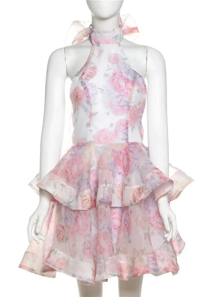 Elegant Floral Short Dress Summer Holiday Outfits Women Layered Party Dresses Sexy Halter Bow Lace-up Ruffled Hem Puffy Dress