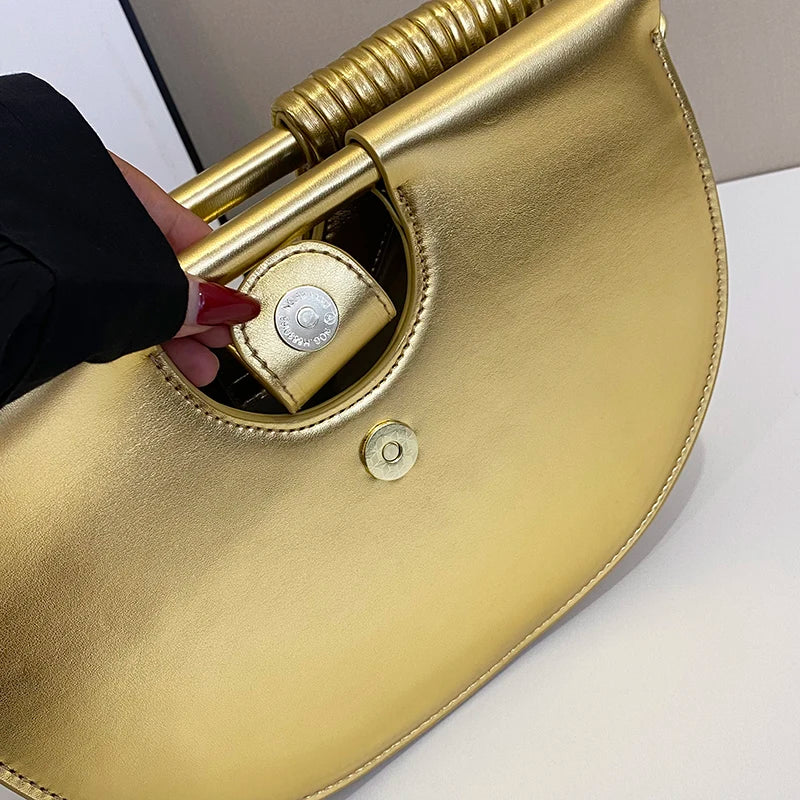 Handbags for Women 2025 New Gold Luxury Designer Brand Handwoven Noodle Bags Rope Knotted Pulled Half Moon Silver Evening Clutch