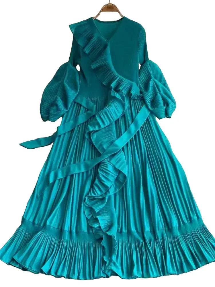 Women's V Neck Ruffles Splice Lantern Sleeve High Stretch Oversized Dresses Miyake Maxi Pleated 2025 Spring Long Party Clothing