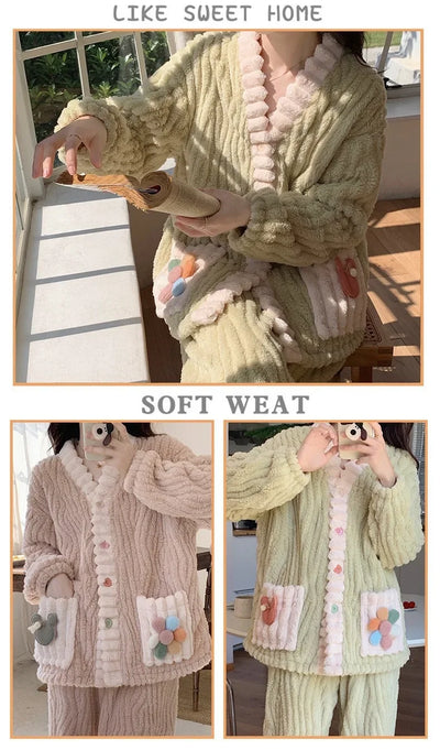 Thickened Warm Flannel Women Sleepwear Loungewear Cardigan Suit Winter Sweet Kawaii Soft Fairy Wind Ladies Pajamas Homewear