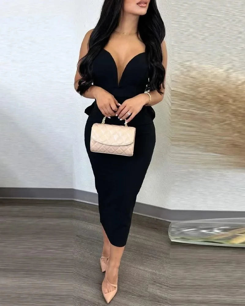Summer 2025 Vestidos Sexy Party Dresses Women Plunging V-neck Sleeveless Backless Bowknot Ruffles Back Bodycon Midi Dress