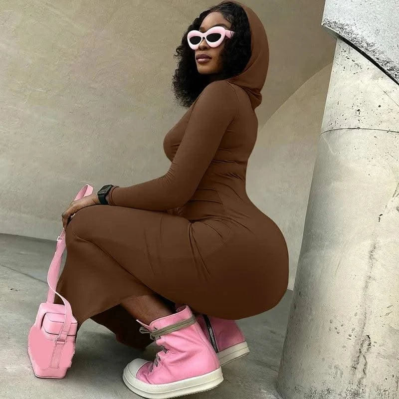 Hooded Long Dress For Women Y2k Clothes Sexy Streetwear Long Sleeve Bodycon Vestidos De Mujer Solid Robe Femme Été Back Split