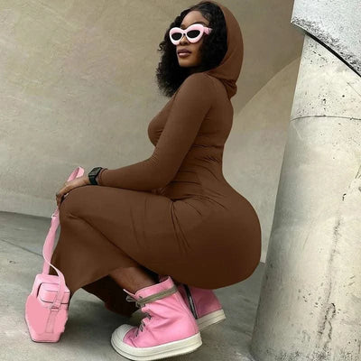 Hooded Long Dress For Women Y2k Clothes Sexy Streetwear Long Sleeve Bodycon Vestidos De Mujer Solid Robe Femme Été Back Split