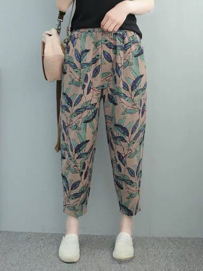 Fashion Printed Cotton Linen Harem Pants for Women 2025 Summer Casual High Waist Calf-Length Loose Trousers Female Streetwear