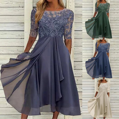 Elegant Outfits Summer Dresses For Women 2023 Tea Length Embroidery Lace Chiffon Mock Dress Formal Occasion Dresses Vestidos