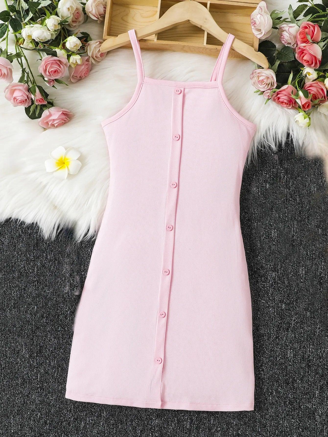 Women's pink knitted dress: slim ribbed fabric, elegant front button design, suitable for spring and summer