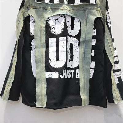 YEAE Women's Blazer Unique Design Patchwork Denim Letters Graffiti Female Black Suit Jackets 2025 New Fashion Spring