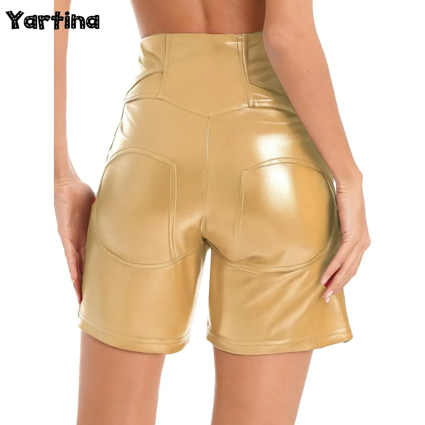 Womens Metallic Shiny Biker Tights Rave Shorts Music Festival Motor Riding Bottoms Front Zipper Pockets Bodycon Shorts Costumes