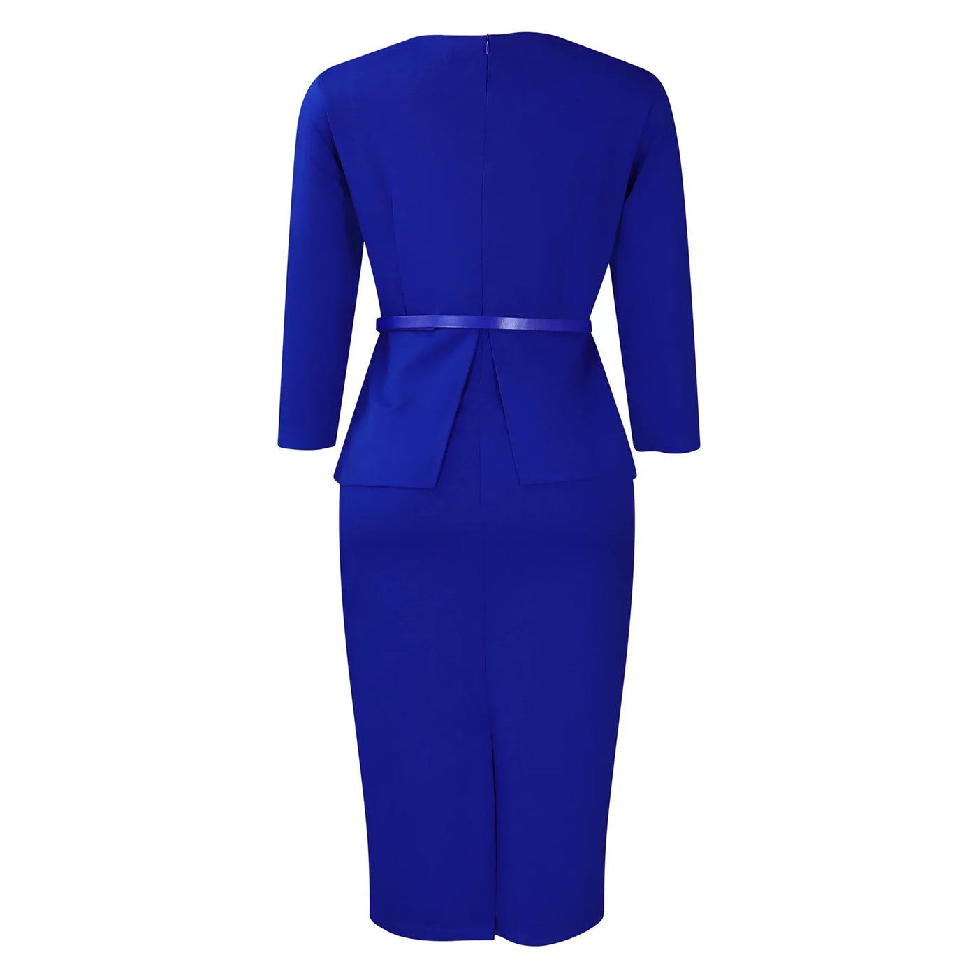Dress Office Wear for Women Professional Skew Collar Three Quarter Sleeve Belt Waisted Sheath Package Hips Mid Calf Formal Dress