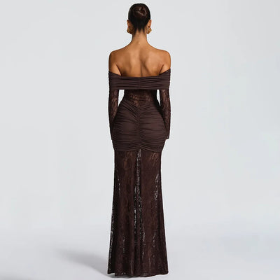 Woman Clothing Lace Patchwork Evening Dress 2025 Autumn Sexy Slash Neck Long Sleeve Folds Party Gown Lady Long Maxi Prom Dresses