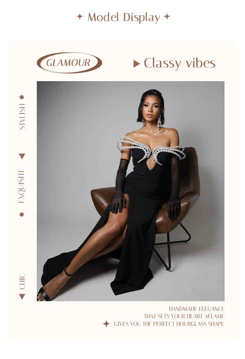 Women's Elegant Black Off-Shoulder Evening Dresses with Pearl Embellishment and High Slit for Formal Events & Weddings Vestidos