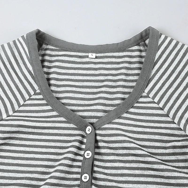 Korean Style Stripe Patchwork Women T-Shirts Short Sleeves Slim Fit Simple Causal Office Lady Clothing
