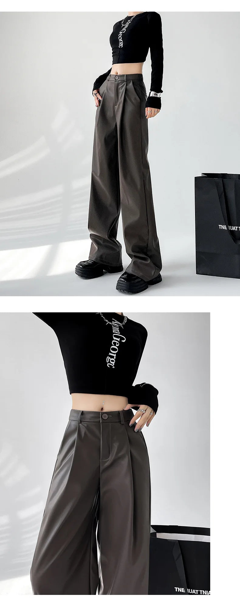 Women's Wide Leg Pants PU Straight Pants Autumn New Fashion Pantalones Mujer Solid Black Brown Leather Pants Women Streetwear