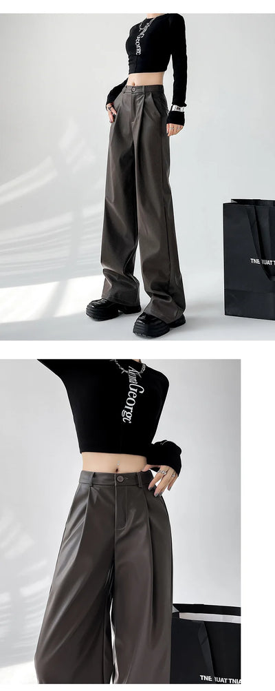 Women's Wide Leg Pants PU Straight Pants Autumn New Fashion Pantalones Mujer Solid Black Brown Leather Pants Women Streetwear
