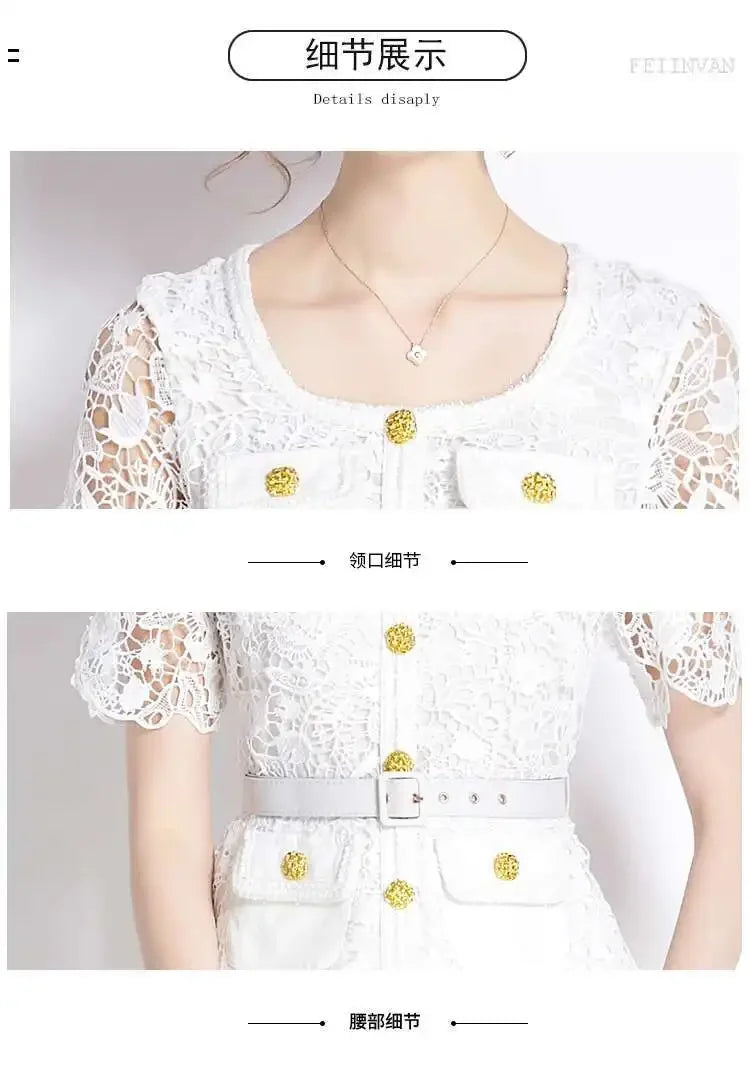 Luxury Evening Dress Women Summer Vacation Short Sleeve Pleated Lace Chiffon Long Dresses White Single Breasted Midi Party Robe