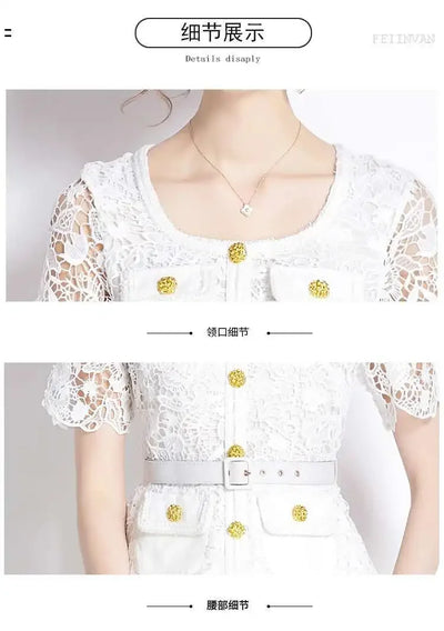 Luxury Evening Dress Women Summer Vacation Short Sleeve Pleated Lace Chiffon Long Dresses White Single Breasted Midi Party Robe