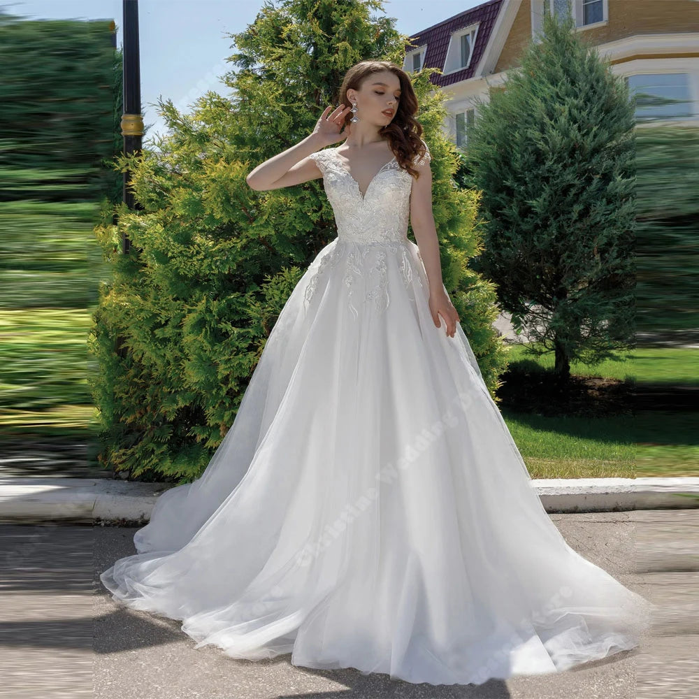 Elegant Lace Print Women Wedding Dresses Sexy V-Neck Sleeveles A-Line Bridal Gowns Modern Mopping Length Vestidos De Novias 2025