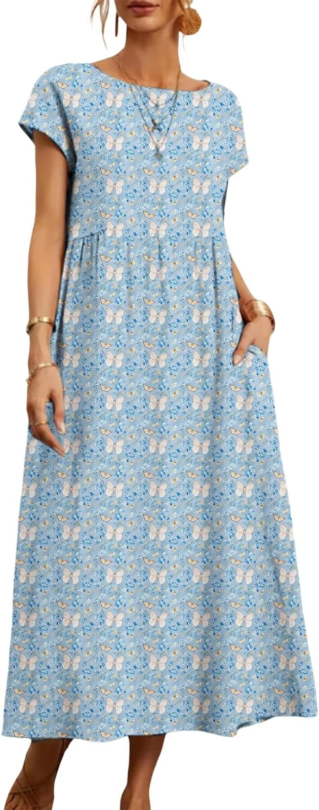 Women's Summer Dresses, Short Sleeves, Midi Casual Dresses with Pockets, Flowy T-Shirt Dresses, Floral Resort Beach Vest Dresses
