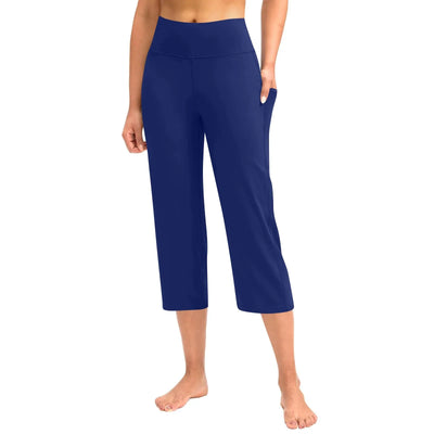 Women  Elastic High Waist 3/4 Pant Casual Active  Fit Wide Capris Leg Pants Trousers With Pockets Pants Woman брюки женские