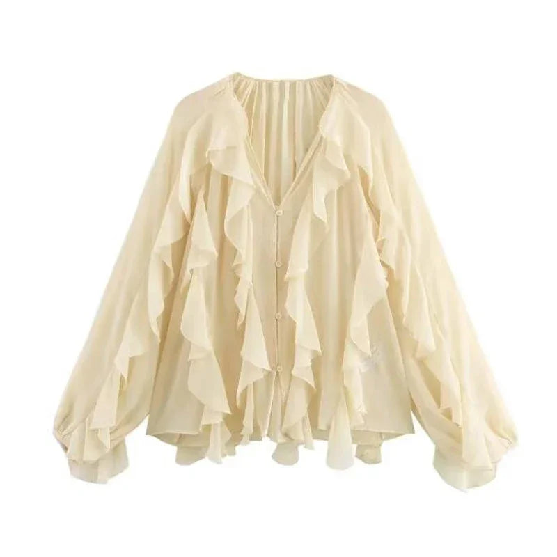 MUJER Ruffle Womens Blouses Semi Sheer Casual Blouses Woman Spring Fairy Shirts and Blouses for Lady Long Sleeve Tops Woman 2025