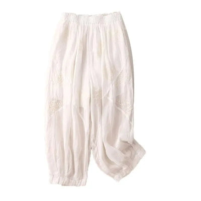 Cotton and Linen Harem Women Summer Vintage Embroidery Lightweight Breathable Lantern Pants