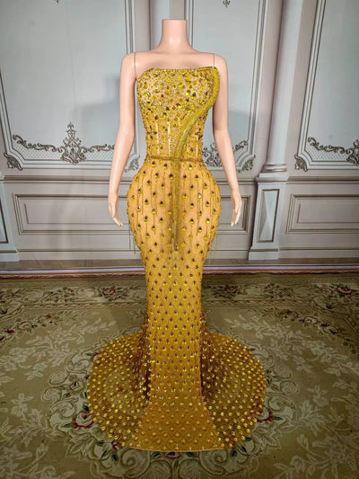 New Sparkly Rhinestones Pearls Floor-length Feathers Dress Women Birthday Celebrate Wedding Evening Prom Dress Photo Shoot Wear