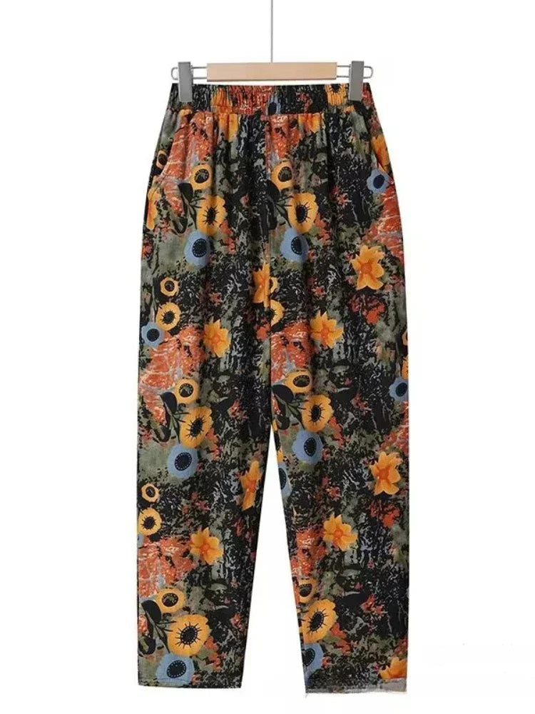 Fashion Printed Cotton Linen Harem Pants for Women 2025 Summer Casual High Waist Calf-Length Loose Trousers Female Streetwear