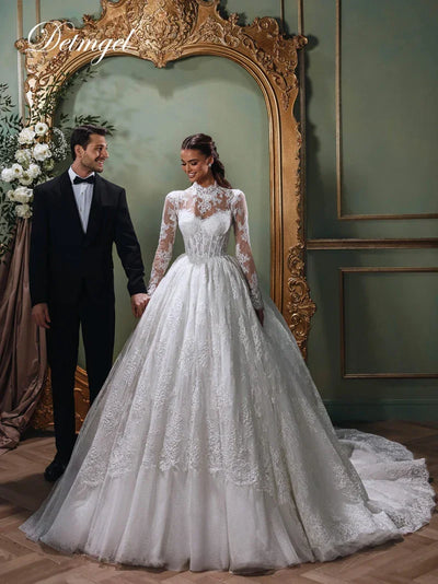 Detmgel New Classic Ball Gown Wedding Dresses Simple Full Sleeve O-Neck Dot Lace Button Court Train Vestido De Novia Customized