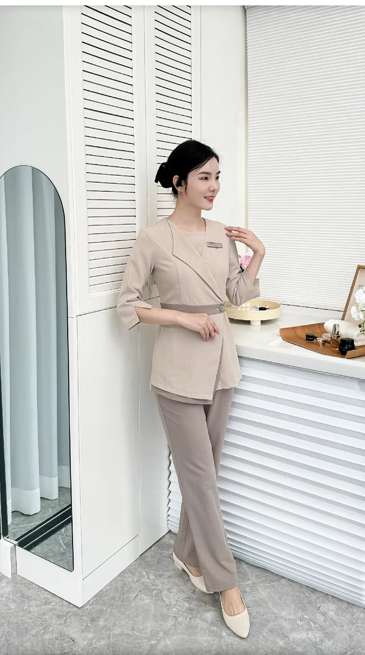 Women's Khaki SPA Uniform Set 2025 Spring/Autumn New Style Beauty Salon Front Desk Workwear Top And Pants Company Wholesale