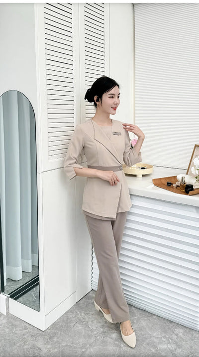 Women's Khaki SPA Uniform Set 2025 Spring/Autumn New Style Beauty Salon Front Desk Workwear Top And Pants Company Wholesale