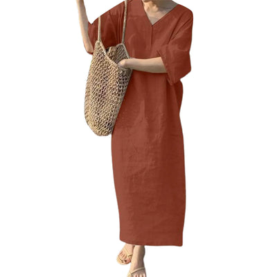 Stylish Button-breasted Dress for Women Elegant V-neck Cotton Linen Dress with Long Sleeves Button Decoration for Summer Ladies