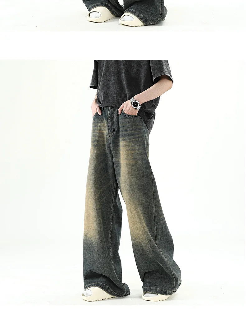 Men Denim Pants Old Blue Washed Male Jeans Straight Casual Menwear Loose Wide Leg Trousers New Fashion Korean High Street Denim