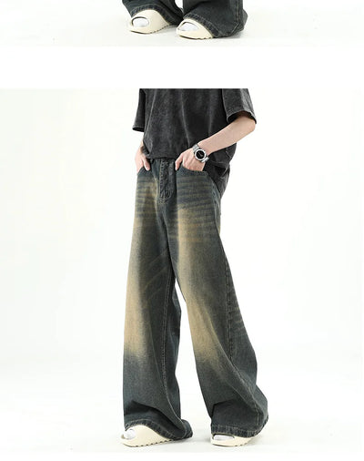 Men Denim Pants Old Blue Washed Male Jeans Straight Casual Menwear Loose Wide Leg Trousers New Fashion Korean High Street Denim