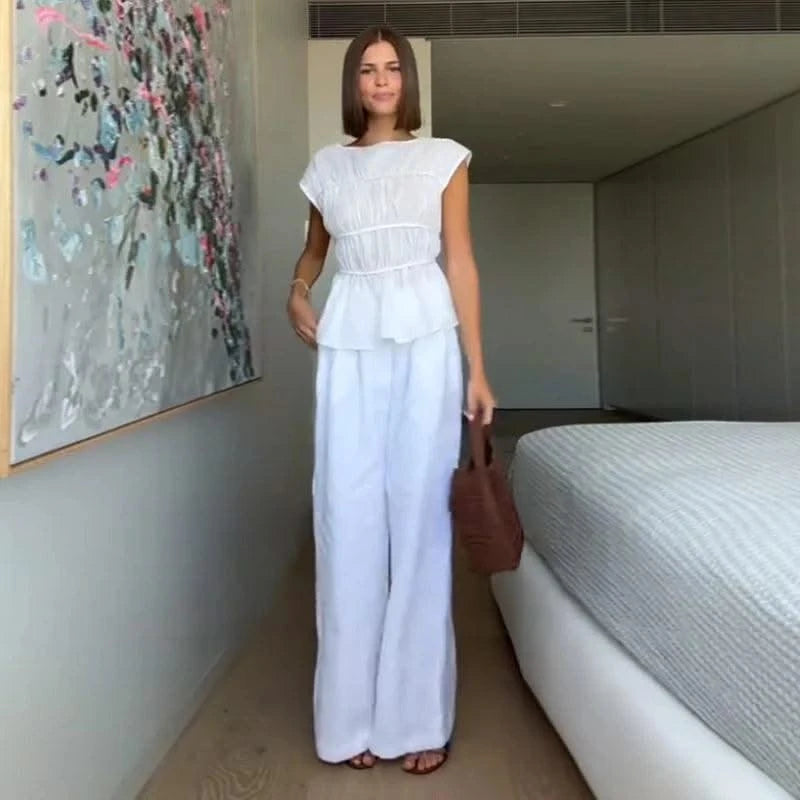 Women Cotton Linen Sleeveless Blouse Round Neck Pleated Top 2025 Spring Summer New Lady O-Neck Solid Color Shirt