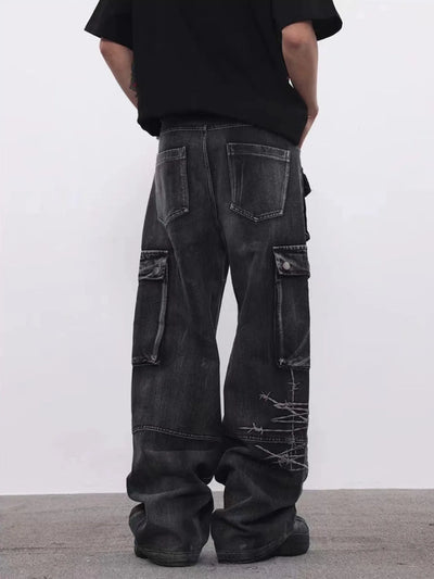 Trendy Brand American Retro Tooling Jeans Mens High Street Heavy Industry Embroidery Loose Wide-leg Trousers