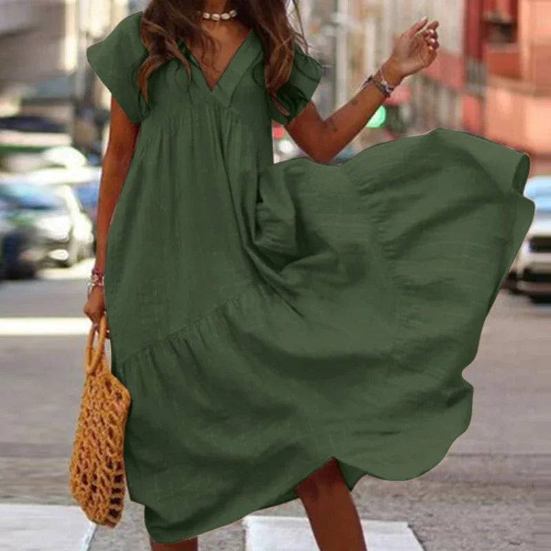 Bohemian Summer Dress for Women V Neck Vestidos Ladies Streetwear Solid Ruffle Dresses Asymmetrical Loose Robe Women Clothing