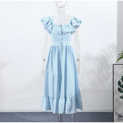 Ruffle Dress Women Fashion Backless A Line Slim Waist Striped Robe Female Flying Sleeves Buttons 2025 Summer Elegant Streetwear