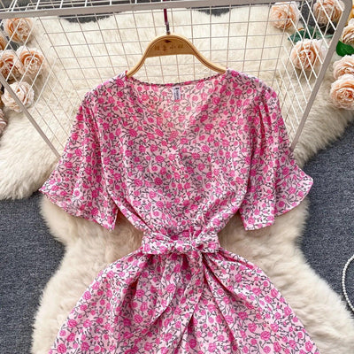 French Chic Dress Beach Style Floral Print Dresses Female V-Neck New Summer Ruffles A-Line Vestidos Women Clothes