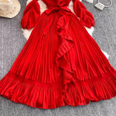 Women's V Neck Ruffles Splice Lantern Sleeve High Stretch Oversized Dresses Miyake Maxi Pleated 2025 Spring Long Party Clothing