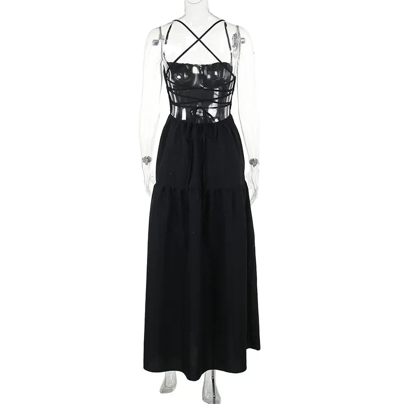 BOOFEENAA Halter Backless Maxi Long Dress Sexy Vacation Outfits White Black Summer Dresses for Women Clothes 2024 C66-CH28
