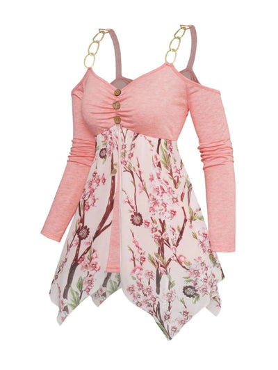 Women Cold Shoulder Blouse Ruffle Flower Branch Printed Irregular Strap Casual Fashion Top 2024 Fashion Top Y2k Clothes