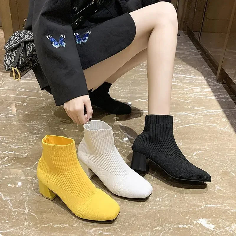 Stretch  Sock Boots For Women Shoes Square Heel Yellow Knitting shoes Elastic Cottton Boots Lady Footwear