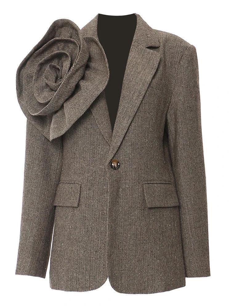 DEAT Fashion Women's Blazer Notched 3D Flower Decorate Twill Woolen Fabric Single Button Suit Jackets Summer 2024 New 1DH5936
