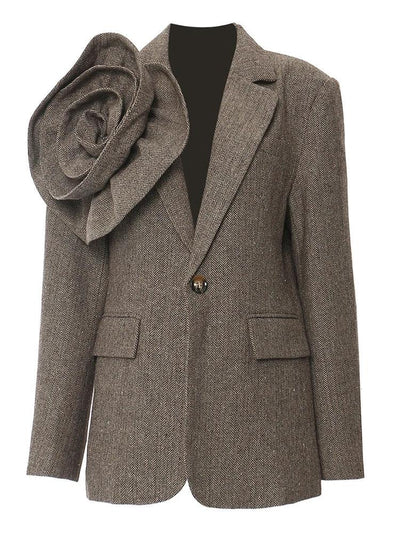 DEAT Fashion Women's Blazer Notched 3D Flower Decorate Twill Woolen Fabric Single Button Suit Jackets Summer 2024 New 1DH5936