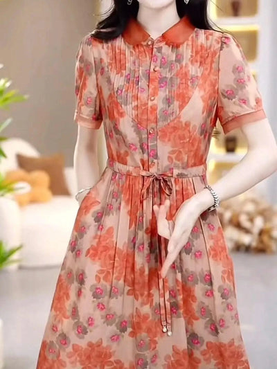 Floral Chiffon Dress for Women in Summer New Fashion Waist-hugging and High-end Temperament Long Skirt Covering Belly Over Knees