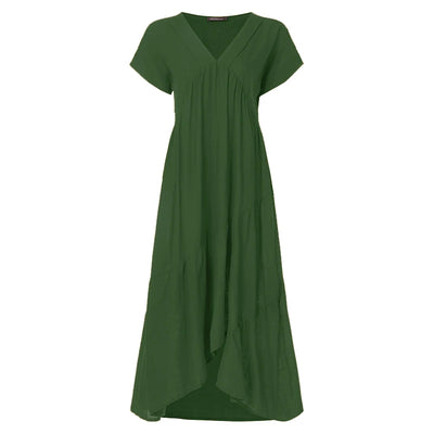Bohemian Summer Dress for Women V Neck Vestidos Ladies Streetwear Solid Ruffle Dresses Asymmetrical Loose Robe Women Clothing