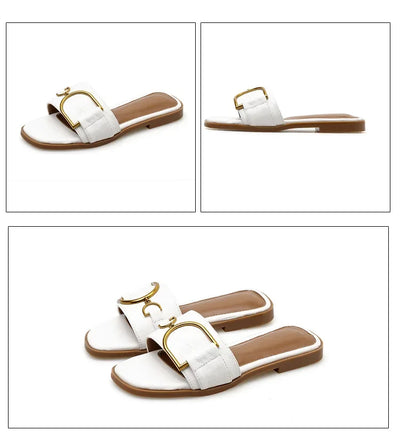 Summer Women Slippers Leather Square Toe Women Flats Flip Flops Designer Ladies Slides Sandals Women Shoes Luxury Sandals