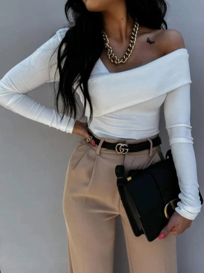 Black Sexy Tops Off Shoulder Long Sleeve T-shirt Women's