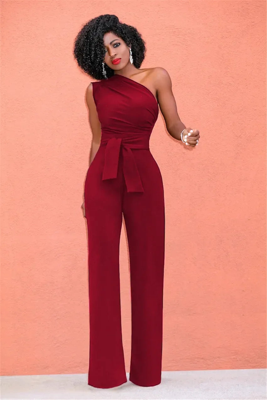Women's Jumpsuit Solid Skew Collar Crop Top Straight Pants Belt Sexy Sleeveless Loose Pants Elegant Charming Playsuits 2024